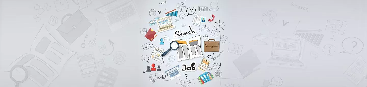 Gray image with text which says: search, job? Drawings depicting job search, cartoon telephone, notebook, newspaper, looking glass, folders, handshake, world, speech bubble 
